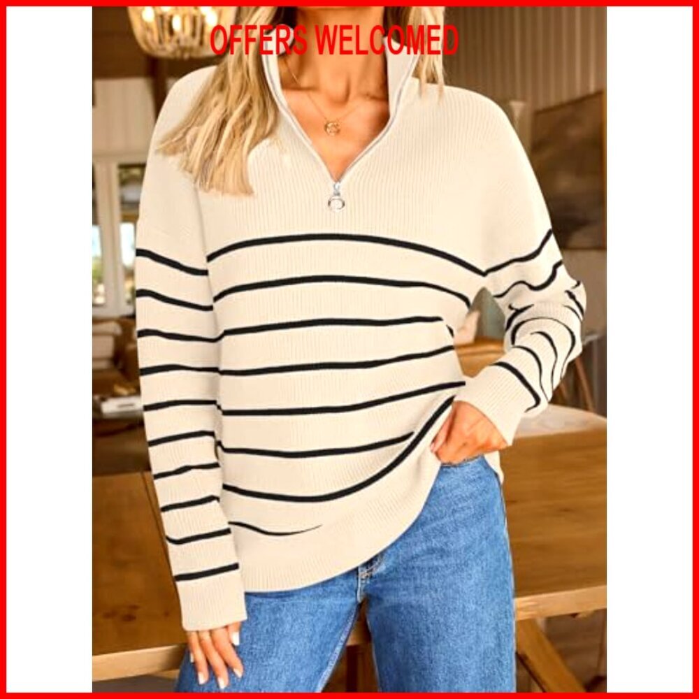 Quarter Zip Striped Oversized Sweater Mock Turtleneck Pullover - Picture 2 of 7
